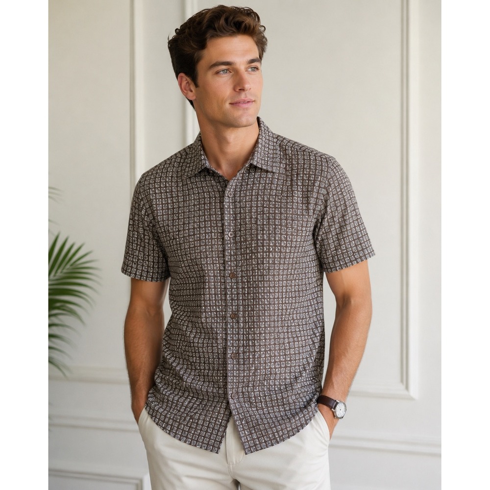 Perry Ellis Mens Brown Silk Blend Geometric Print Button Front Shirt Size Lg Y2K